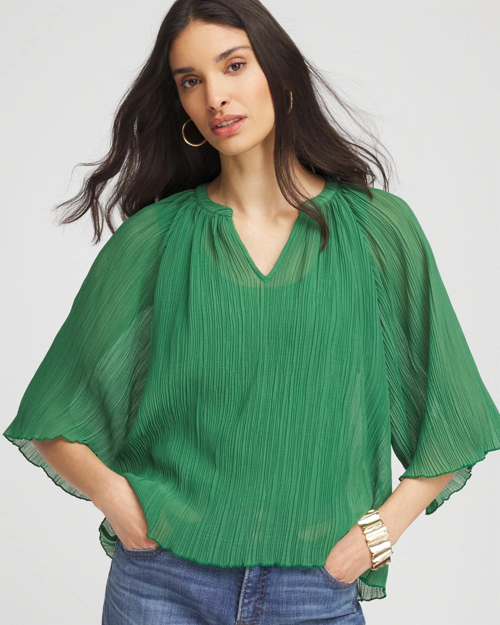 Chico's Signature - Textured Pleated Chiffon Blouse Jardin Green