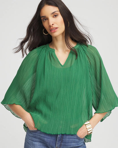 Chico's Signature - Textured Pleated Chiffon Blouse Jardin Green
