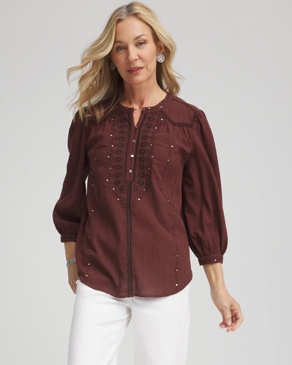 Chico's Smart Buy - Embroidered Crinkle-Cotton Blouse Cacao