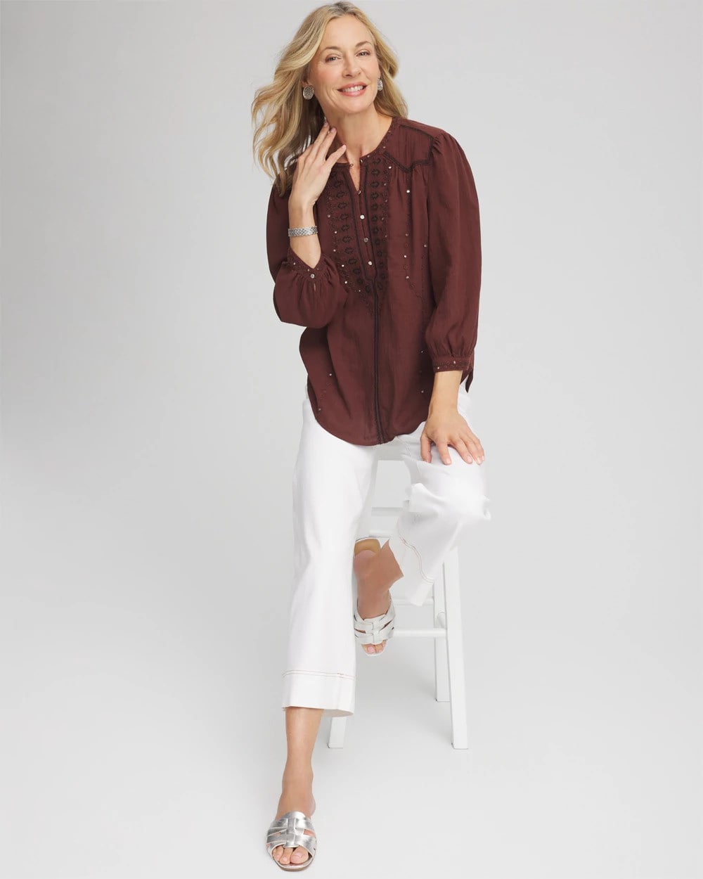 Chico's Smart Buy - Embroidered Crinkle-Cotton Blouse Cacao