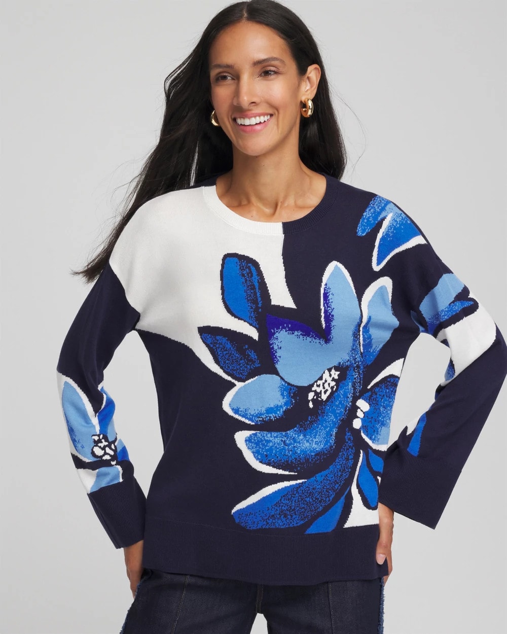 Chico's Popular - Floral Intarsia Crewneck Pullover Tidal Blue