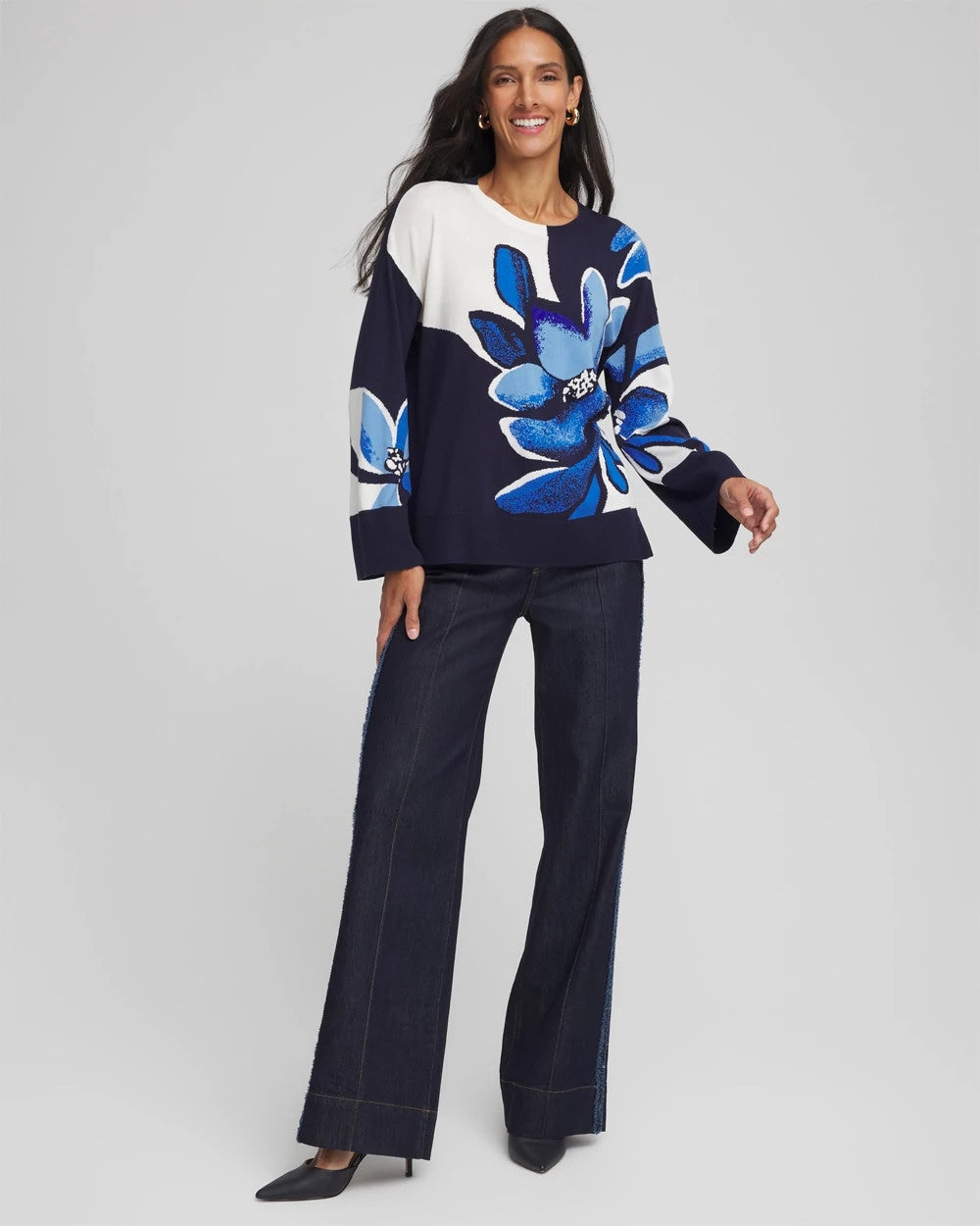 Chico's Popular - Floral Intarsia Crewneck Pullover Tidal Blue