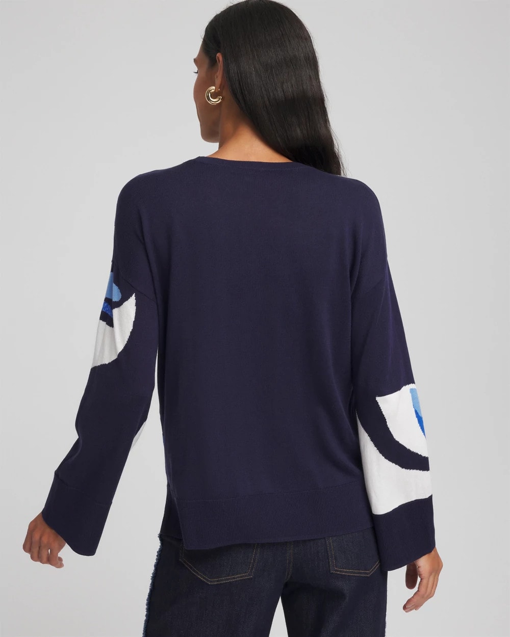 Chico's Popular - Floral Intarsia Crewneck Pullover Tidal Blue