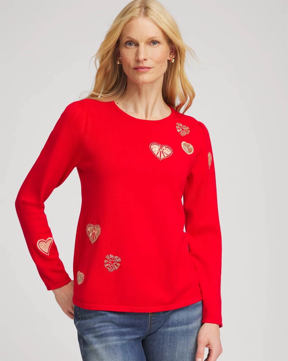 Chico's Discount - V-Day Embroidered Heart Pullover Love Letter Red