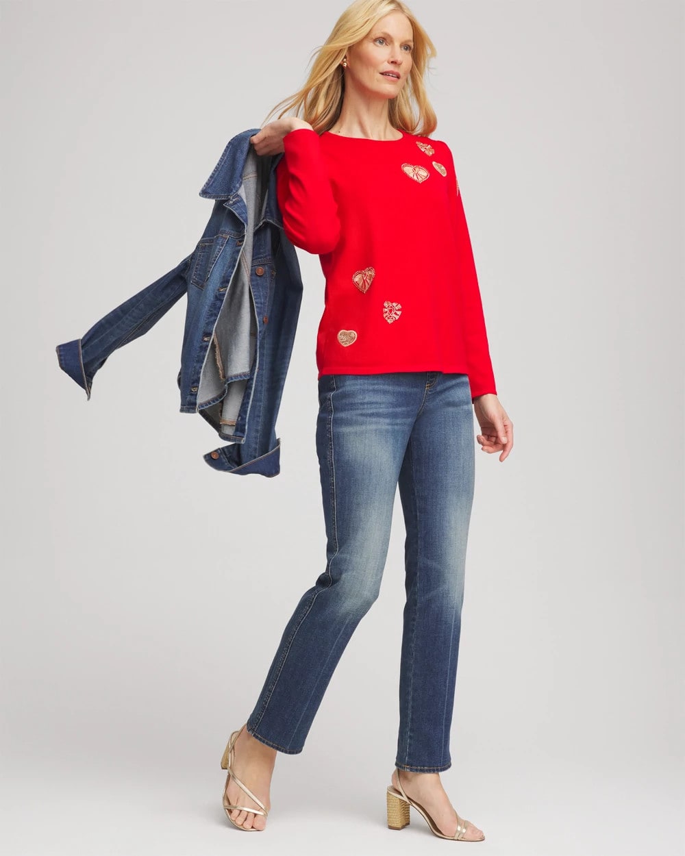Chico's Discount - V-Day Embroidered Heart Pullover Love Letter Red