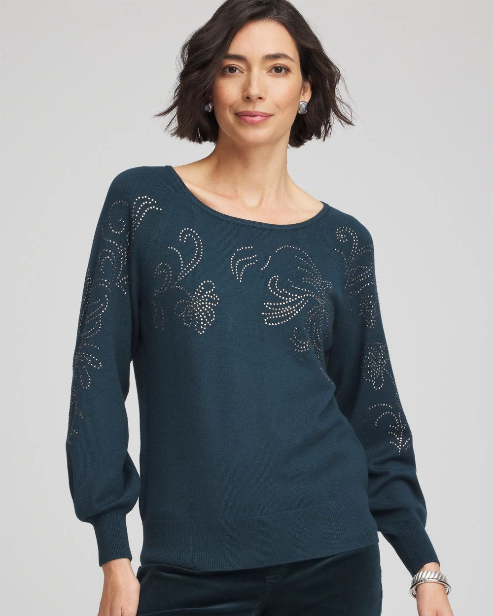 Chico's Sale - Heatset Embroidered Pullover Teal Shadow