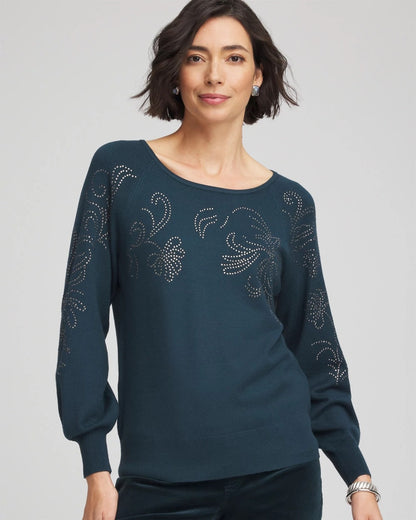 Chico's Sale - Heatset Embroidered Pullover Teal Shadow