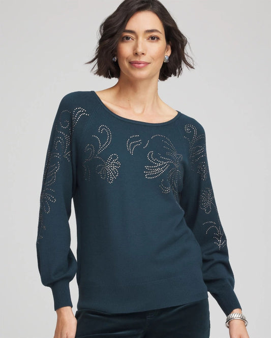 Chico's Sale - Heatset Embroidered Pullover Teal Shadow