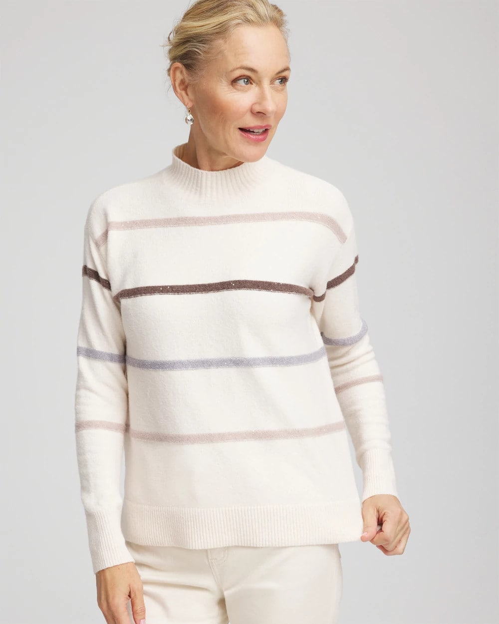 Chico's Popular - Sequined Stripe Pullover Sweater English Cream