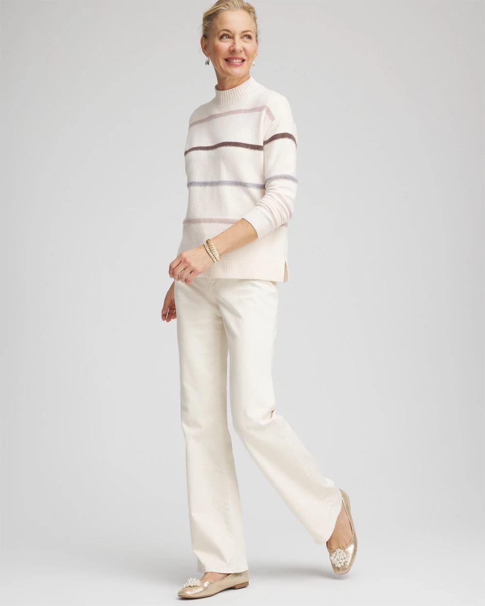Chico's Popular - Sequined Stripe Pullover Sweater English Cream
