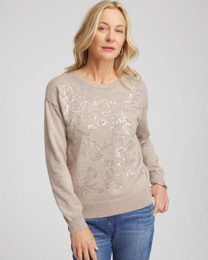 Chico's Featured - Floral Sequined Pullover Smokey Taupe