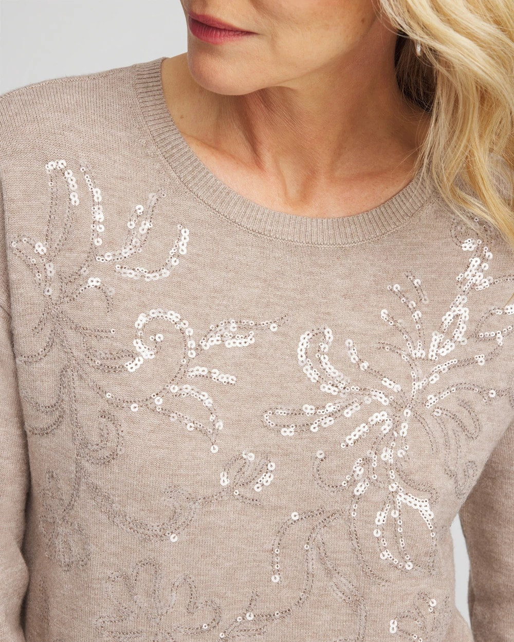 Chico's Featured - Floral Sequined Pullover Smokey Taupe