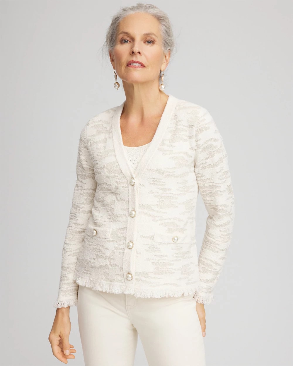 Chico's Essential - Fringe Textured V-Neck Cardigan English Cream