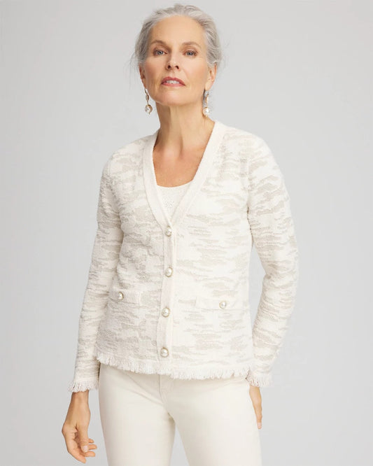Chico's Essential - Fringe Textured V-Neck Cardigan English Cream