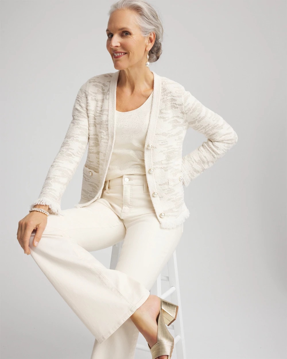 Chico's Essential - Fringe Textured V-Neck Cardigan English Cream