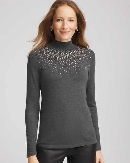Chico's Essential - Ella Rhinestone Mockneck Sweater Graphite Gray
