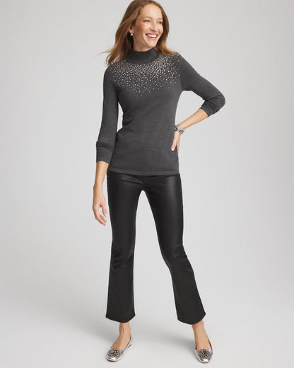 Chico's Essential - Ella Rhinestone Mockneck Sweater Graphite Gray