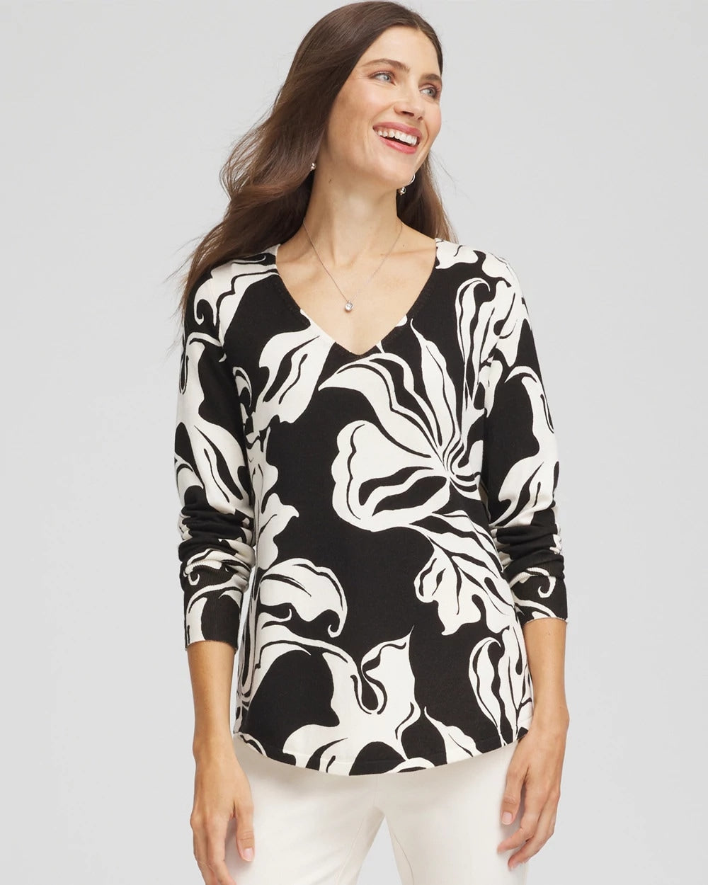 Chico's Popular - Ella Printed V-Neck Sweater Black