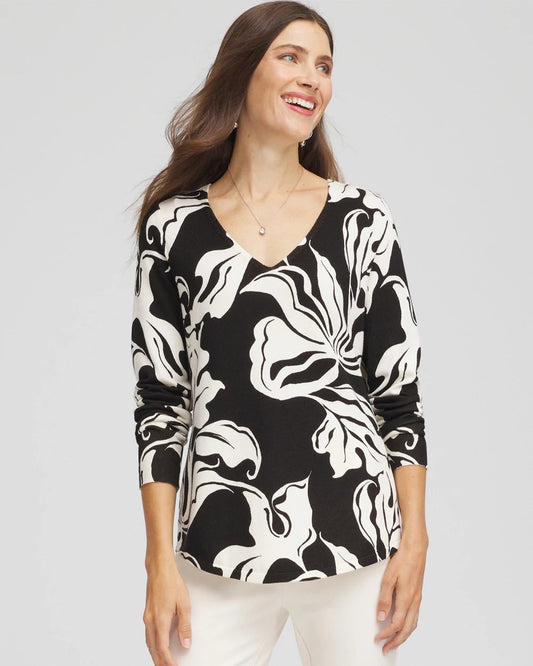 Chico's Popular - Ella Printed V-Neck Sweater Black