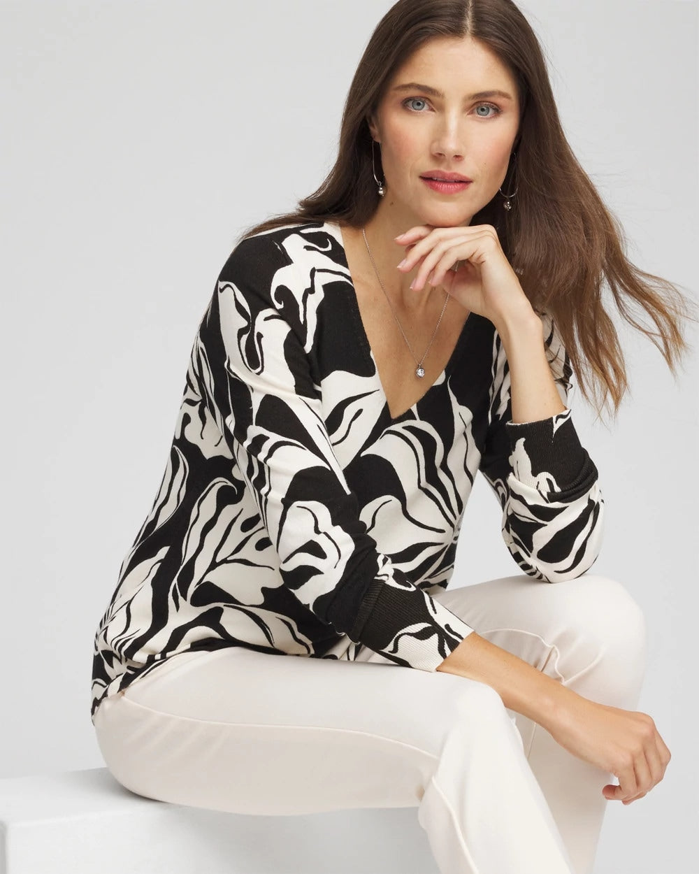 Chico's Popular - Ella Printed V-Neck Sweater Black