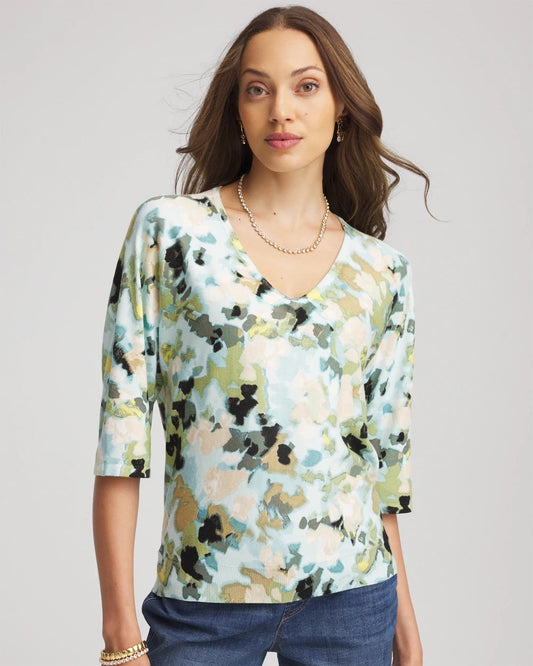 Chico's Classic - Printed Dolman V-Neck Pullover Sweater Blue Menthe