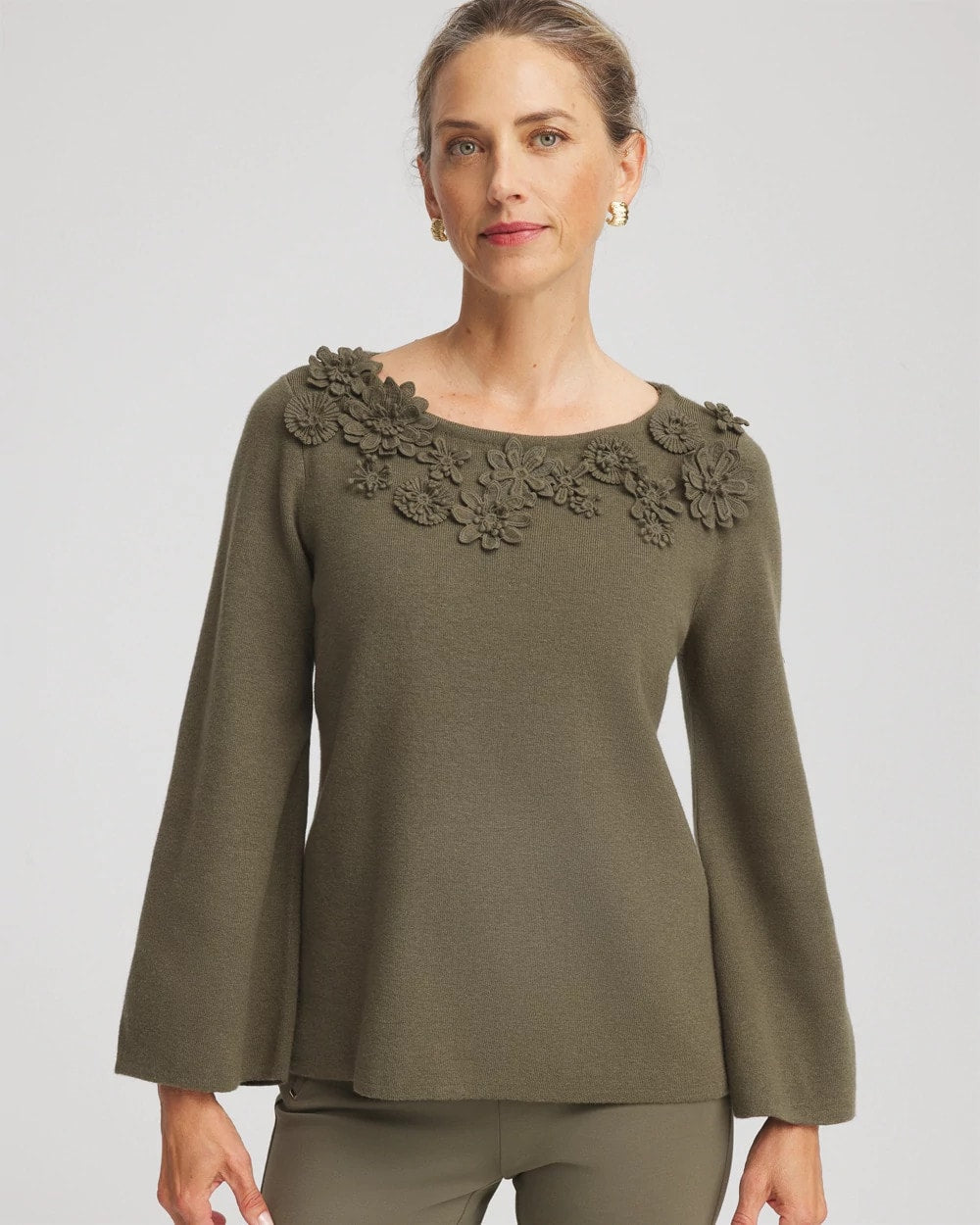 Chico's Smart Buy - Appliqué Flared-Sleeve Sweater Nettle Leaf