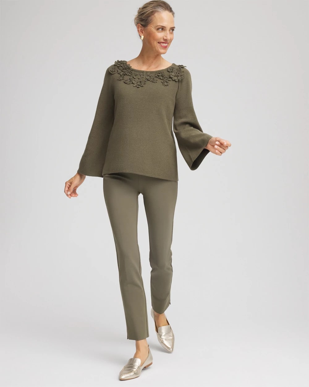 Chico's Smart Buy - Appliqué Flared-Sleeve Sweater Nettle Leaf