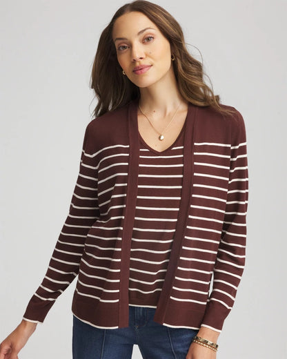 Chico's Signature - Ella Striped Long-Sleeve Cardigan Cacao