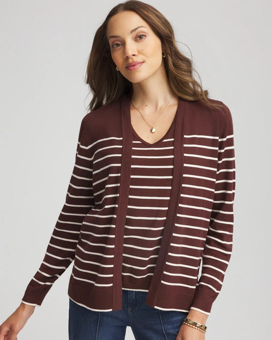 Chico's Signature - Ella Striped Long-Sleeve Cardigan Cacao