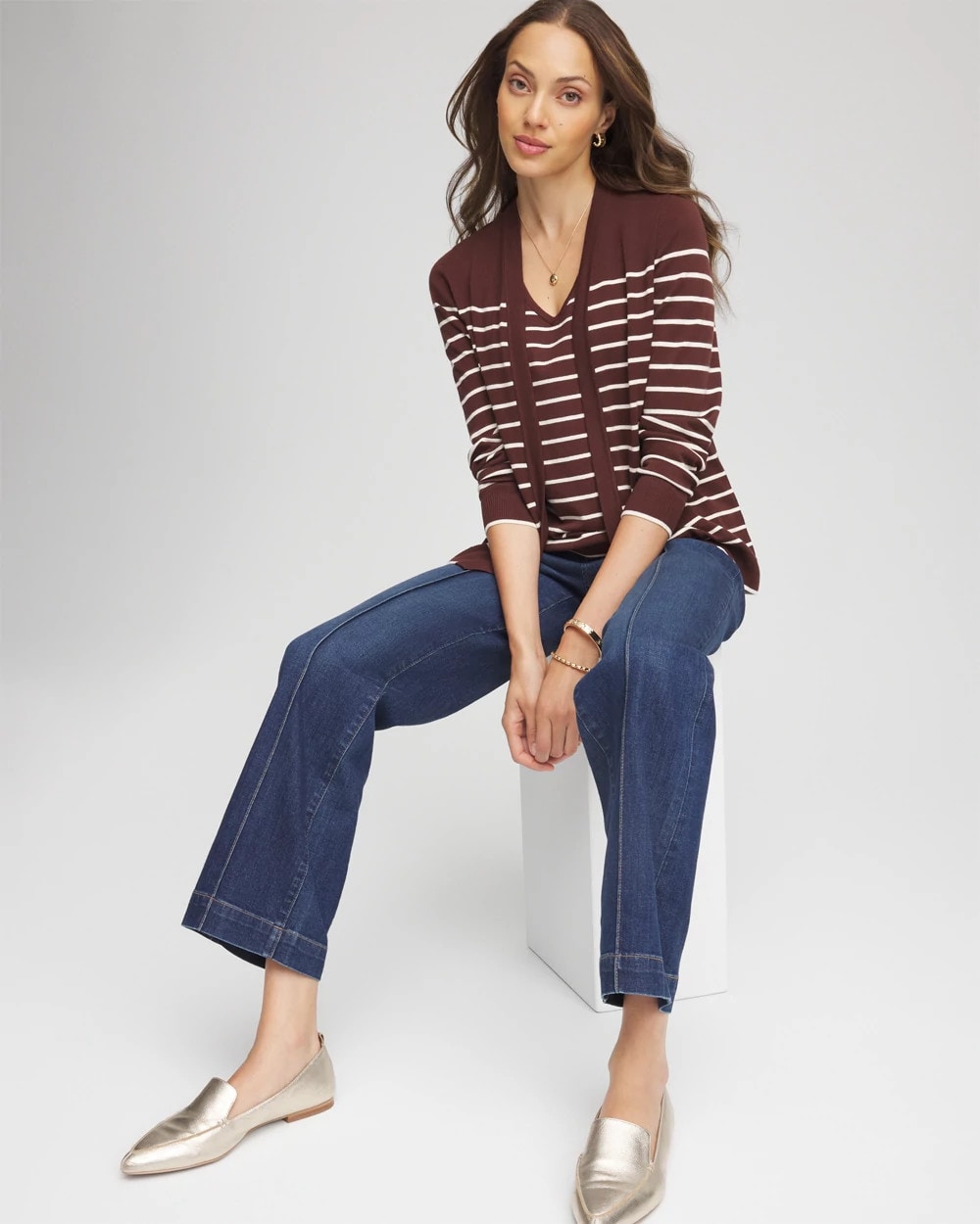 Chico's Signature - Ella Striped Long-Sleeve Cardigan Cacao