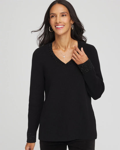Chico's Sale - Embellished V-Neck Pullover Sweater Black