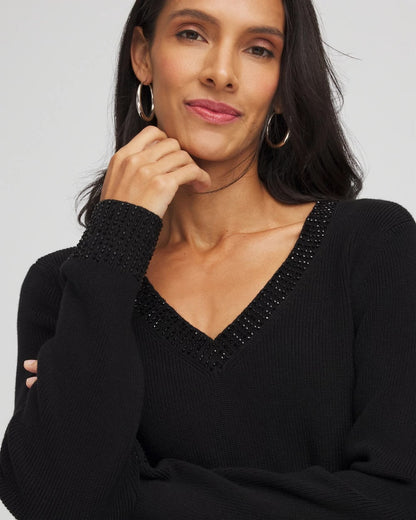 Chico's Sale - Embellished V-Neck Pullover Sweater Black