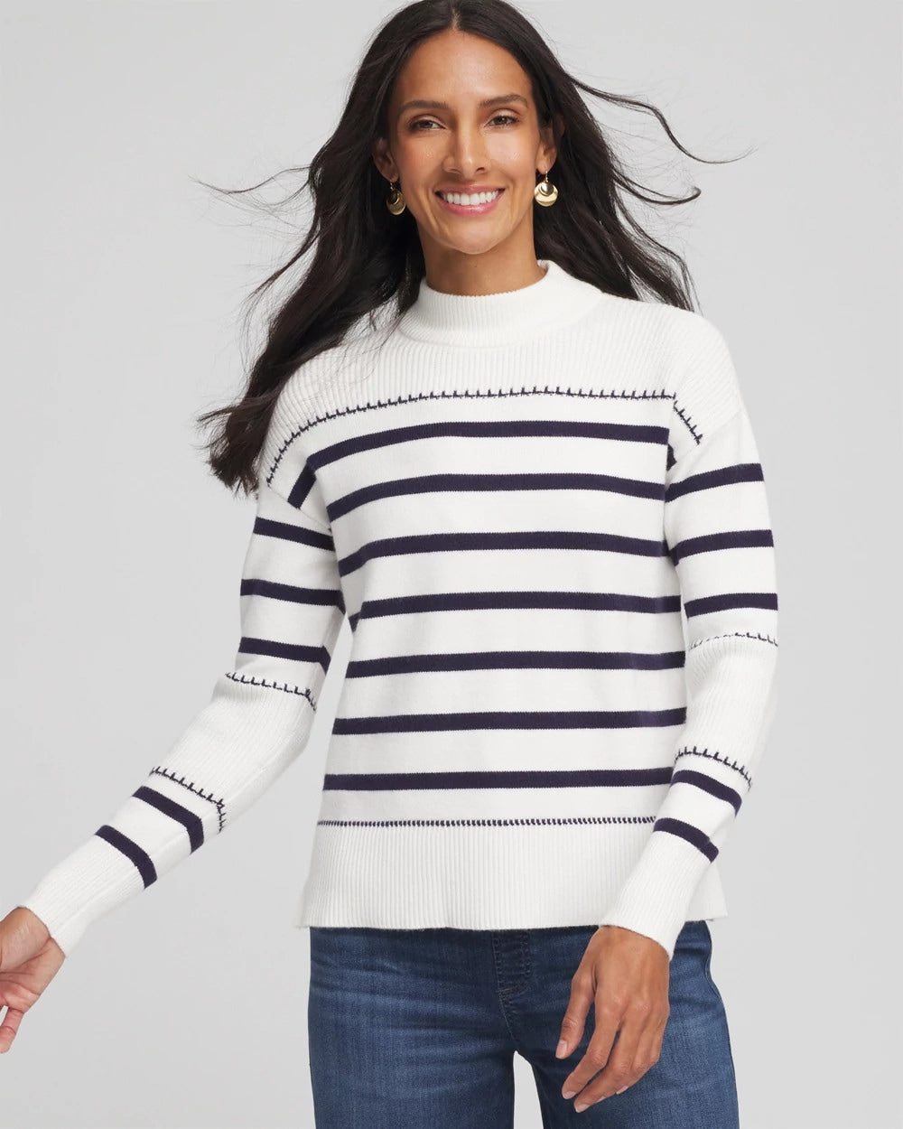 Chico's Essential - Striped Relaxed Mockneck Pullover Ecru
