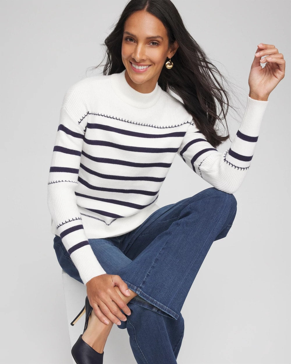 Chico's Essential - Striped Relaxed Mockneck Pullover Ecru