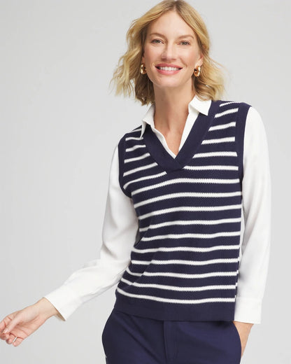 Chico's Value - Striped V-Neck 2 in 1 Sweater Vest Passport Blue