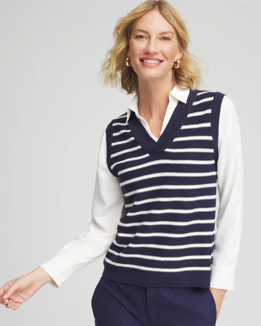 Chico's Value - Striped V-Neck 2 in 1 Sweater Vest Passport Blue
