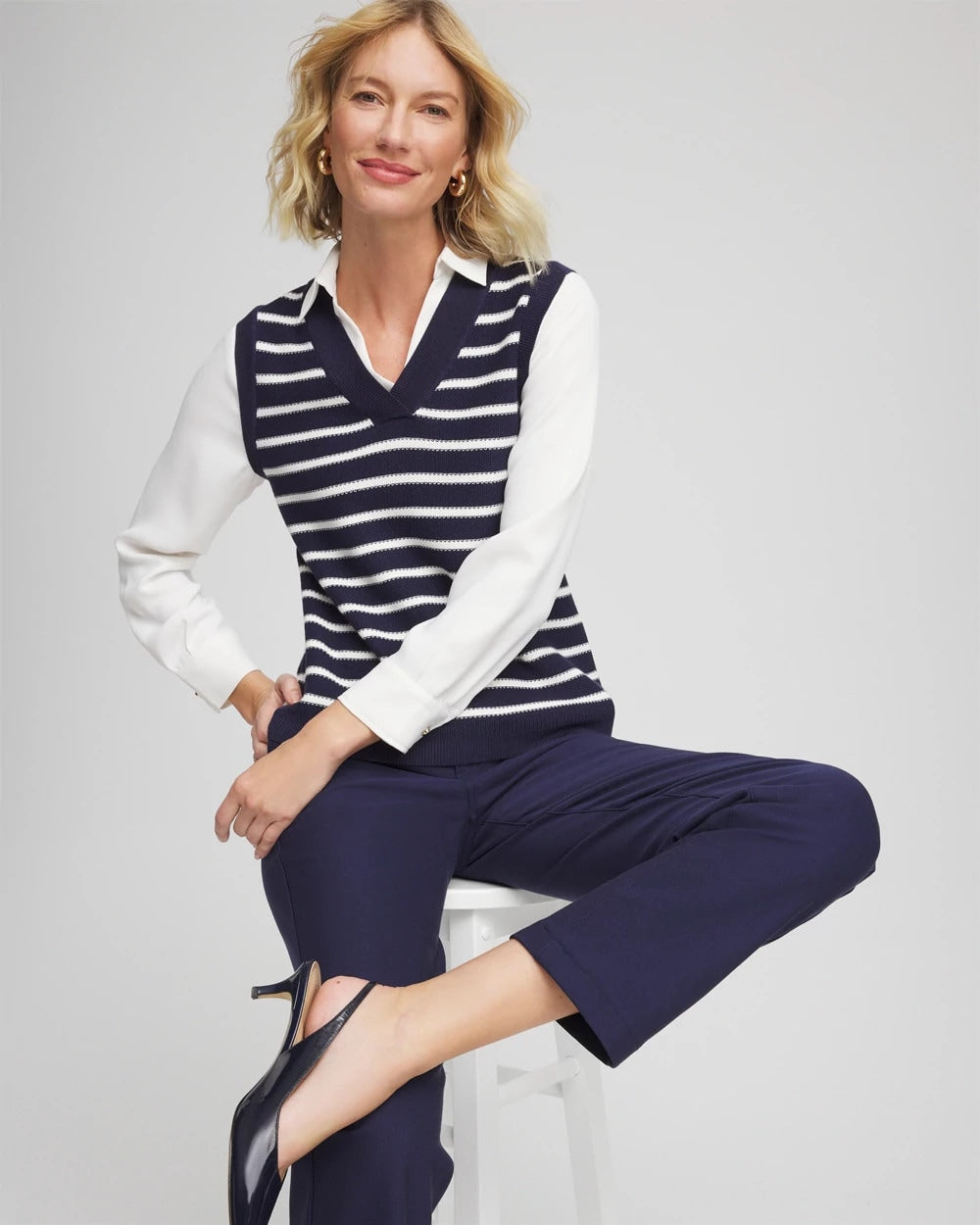 Chico's Value - Striped V-Neck 2 in 1 Sweater Vest Passport Blue