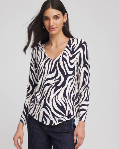 Chico's Classic - Ella Zebra V-Neck Pullover Sweater Passport Blue