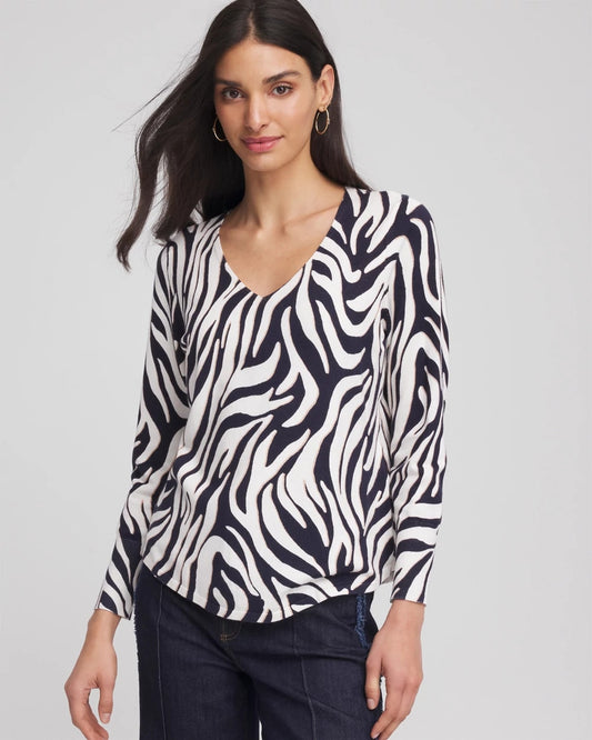 Chico's Classic - Ella Zebra V-Neck Pullover Sweater Passport Blue
