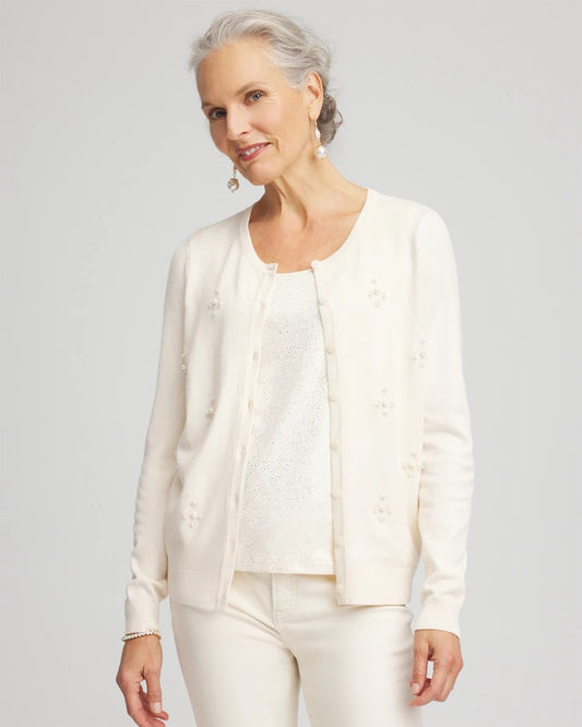 Chico's Quality - Embellished Crewneck Cardigan English Cream