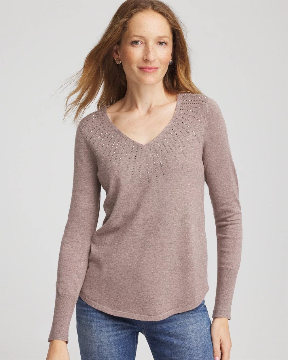 Chico's Classic - Ella Embellished V-Neck Sweater Taupe Heather