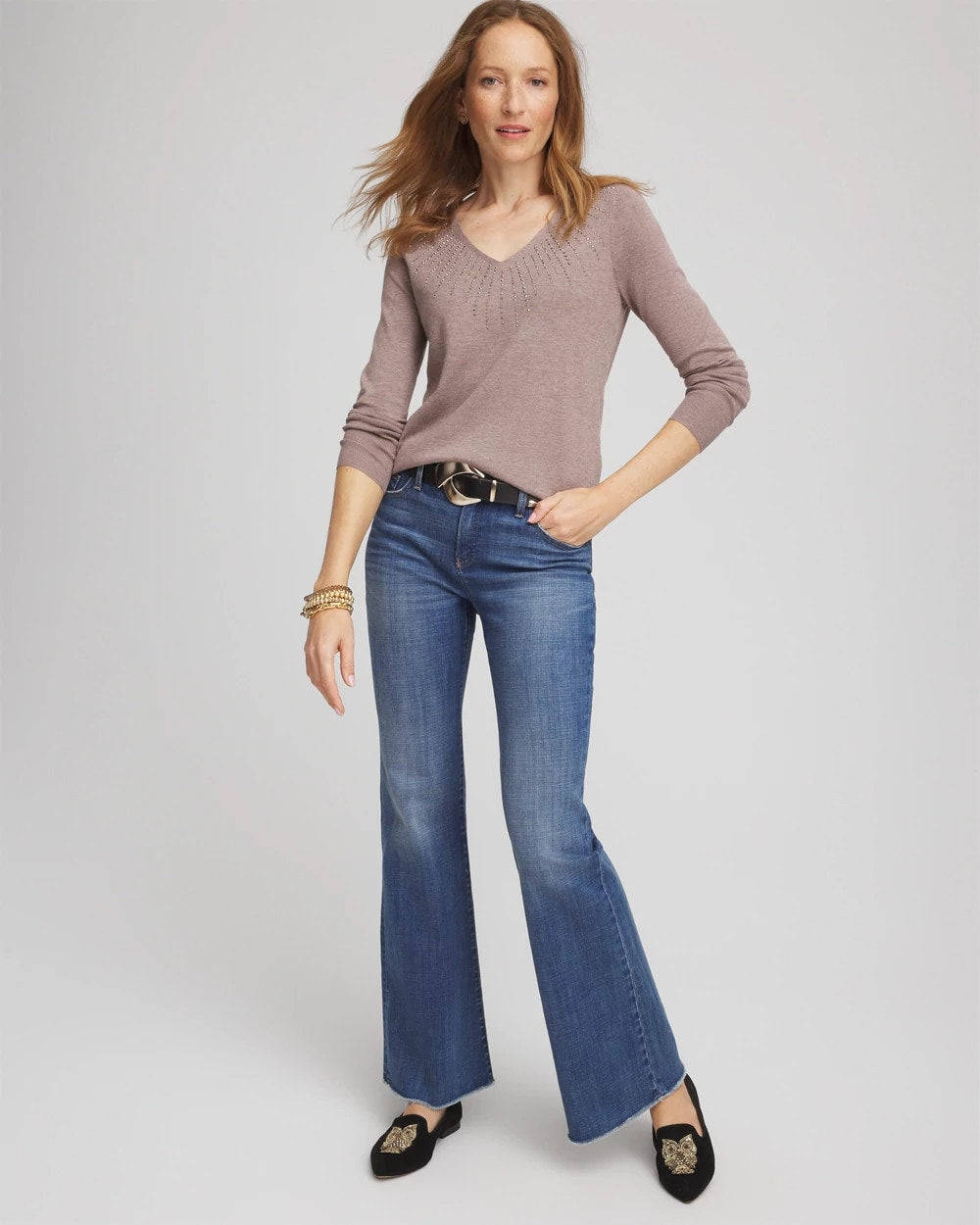 Chico's Classic - Ella Embellished V-Neck Sweater Taupe Heather