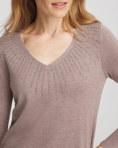 Chico's Classic - Ella Embellished V-Neck Sweater Taupe Heather