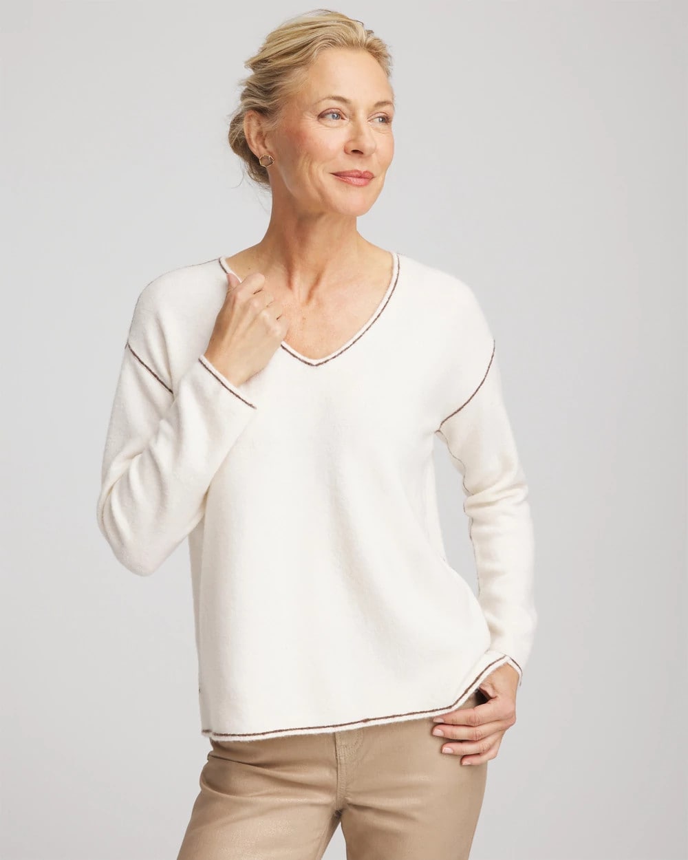 Chico's Customer Favorite - Contrast Stitch V-Neck Sweater English Cream