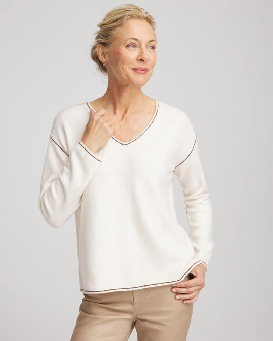 Chico's Customer Favorite - Contrast Stitch V-Neck Sweater English Cream