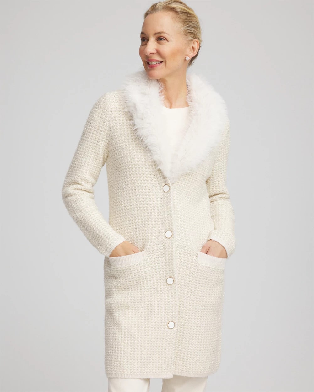Chico's Trending - Fur Trim Cardigan English Cream