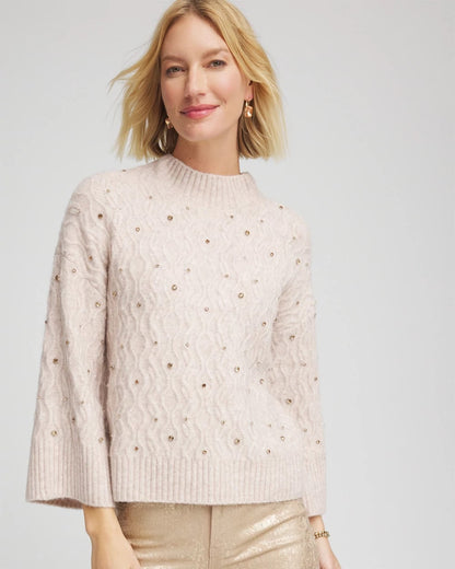 Chico's Sale - Sequined Cable Knit Sweater Birch Bark Heather