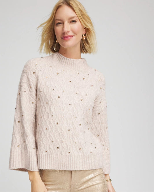 Chico's Sale - Sequined Cable Knit Sweater Birch Bark Heather