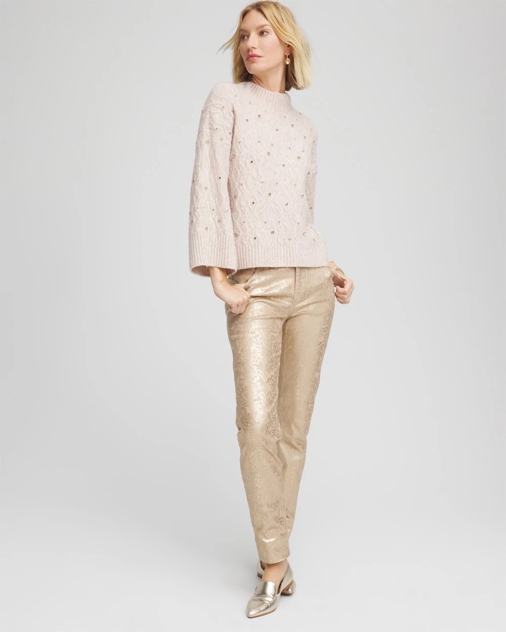 Chico's Sale - Sequined Cable Knit Sweater Birch Bark Heather