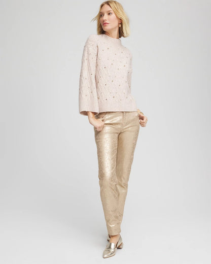 Chico's Sale - Sequined Cable Knit Sweater Birch Bark Heather